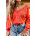 Red Studded V Neckline Exposed Seam Textured Kn...
