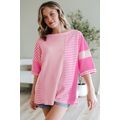 Pink Stripe Color Block Patchwork Loose Half Sl...