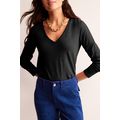 Black Solid Color V Neck Long Sleeve Stretchy Top