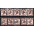 sg436 1 1/2d purple-brown X 10 fine used (C1918)