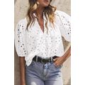 White Flower Embroidered Hollow-out Puff Sleeve...