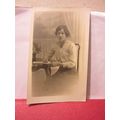UNKNOWN EDWARDIAN LADY sat at table, antique ph...