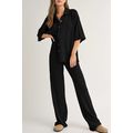 Black Solid Color Textured Buttoned Shirt and C...