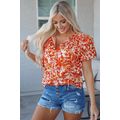 Orange Floral Print Ruffled Short Puff Sleeve S...