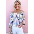 White Abstract Print Frill Off Shoulder Bubble ...