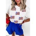 White Sequin American Flag Patched Casual T Shirt