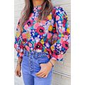 Blue Mock Neck Bubble Sleeve Floral Print Blouse