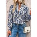 Sky Blue Tribal Pattern Print Notch Neck Button...