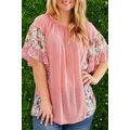 Pink Plus Size Floral Patchwork Ruffled Short S...