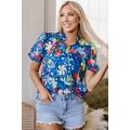 Blue Flower Print Collared V Neck Puff Short Sl...