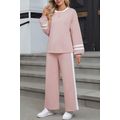 Pink Varsity Stripe Patchwork Puff Sleeve Pullo...
