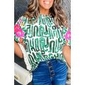 Blackish Green Embroidered Puff Sleeve Frilled ...