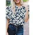Blue Floral Short Puff Sleeve Summer Shirt