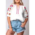 White Floral Embroidered Ricrac Puff Sleeve Tex...