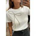 White Rhinestone Bow Embellished Round Neck Tee