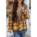 Orange Plaid Patch Hooded Frayed Snap Button Ja...