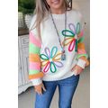 White Flower Graphic Colorblock Sleeve Crew Nec...