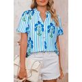Sky Blue Stripe Floral Buttoned Frilly Notched ...