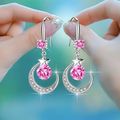 Star Moon Earrings with White Sapphire & Pink A...