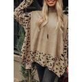 Khaki Leopard High Neck Side Slit Oversized Swe...