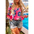 Rose Floral Pattern V Neck Balloon Sleeve Plus ...