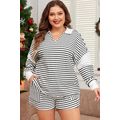 Black Stripe Collared V Neck Long Sleeve Top Pl...