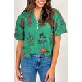 Bright Green Floral Print Buttoned V Neck Short...