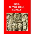 Ⰶ LIONS (1972-1990): INDIA★25 PAISE 1981 DIAMON...