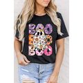 Black BOO Floral Ghost Print Crew Neck Hallowee...