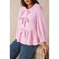 Pink Stripe Bowknot Front Crew Neck Puff Sleeve...