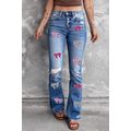 Blue Sequin Bowknot Print Distressed Flared Jeans