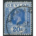 Ceylon 1923 SG350 20c Bright Blue Die I Fine Us...