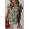 Green Floral Print Pleated Buttoned V Neck Shor...