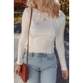 White Exposed Seam Ribbed Knit Slim Fit Long Sl...