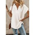 White Textured V Neck Collared Short Sleeve Top