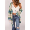 Green Striped Color Block Hollowed Knit Cardigan