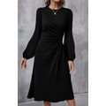 Black Solid Color Ruched Detail Long Sleeve Mid...