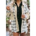 Khaki Distressed Raw Edge Plaid Patchwork Denim...