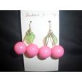 Fun bright wacky pink cherry & green glass leaf...