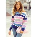 Dark Blue Wave Striped Balloon Sleeve Drop Shou...