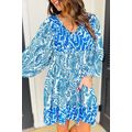 Sky Blue Bohemian Print Puff Sleeve Tied V Neck...