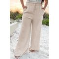 Beige Smocked High Waist Wide Leg Plus Size Pants