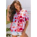 Pink Floral Print Bubble Sleeve Button Up Pleat...