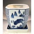 "Blue on White Porcelain Bonsai Pot - Square Wi...