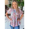 Pink Floral Print Ruffle Sleeve Babydoll Top