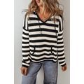 White Stripe V Neck Pocketed Drawstring Hooded ...