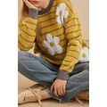 Yellow Stripe Daisy Floral Knitted Round Neck S...