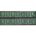GB 1952 - 54 QE2 1 1/2d x 14 Green used stamps ...