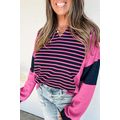 Pink Stripe Color Block V Neck Loose Fit Long S...