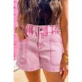 Strawberry Pink Elastic High Waisted Denim Shorts